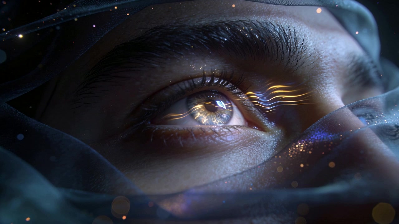 Shifting veil revealing male right eye in studio, golden wave crossing iris, creating ethereal glow