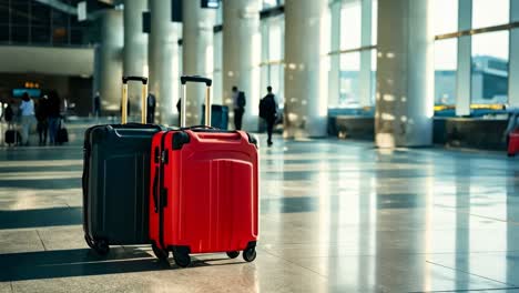 a couple of suitcases sitting on top of a tiled floor in an airport