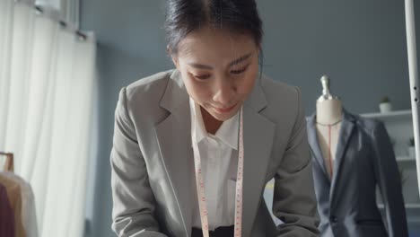 패션 컬렉션 배경을 가진 아시아 사업가 의상 제작자 스케치 북에 바고 스튜디오 작업장에서 테이블에 디지털 태블릿에 그림을 비교하고, 옷 패턴과 디자이너가 망진창 테이블에서.