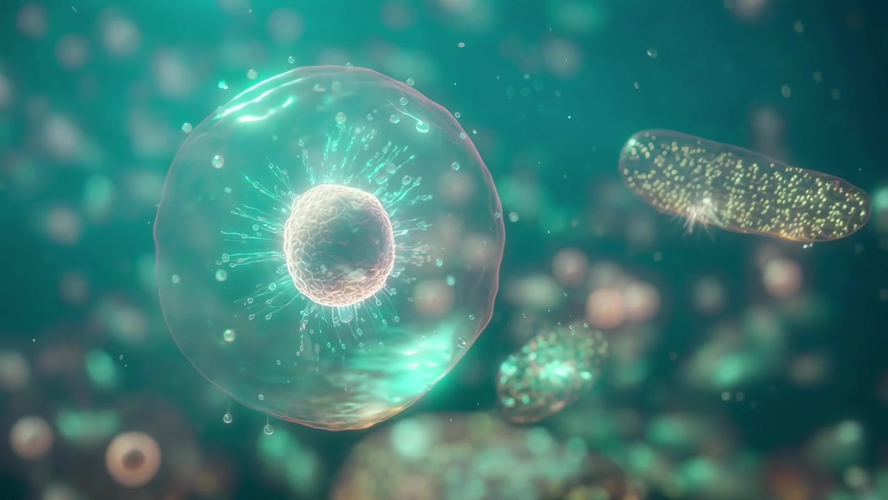液体中の光る細胞と微生物の顕微鏡視点