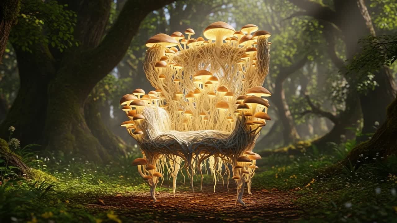 A Captivating Chair Crafted from Mycelium and Mushrooms, Enveloped in Lush Forest Greenery, Exuding Nature's Elegance and Whimsy in a Magical Setting