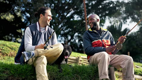 friends, fishing and men with dog at a lake relax