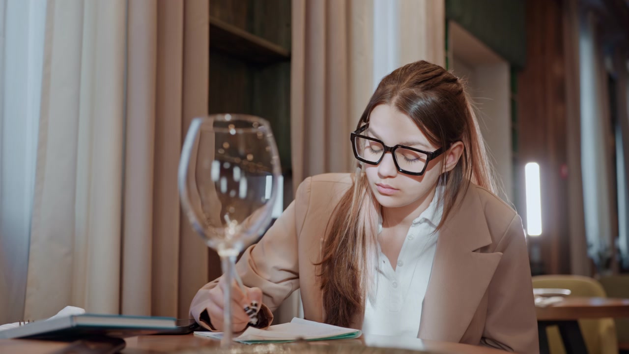 Kvinde tager noter på hyggelig café. En kvindelig professionel gennemgår dokumentation under et cafébesøg. En ung kvinde er fokuseret på at annotere papirer, mens hun sidder i en varm og indbydende kaffebar.