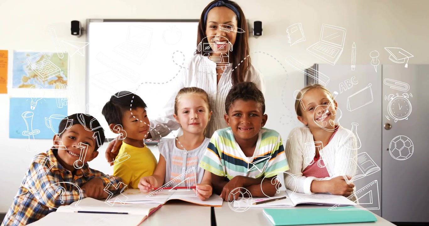 Teacher straightening hands on students shoulders encouraging focus animated school icons appearing