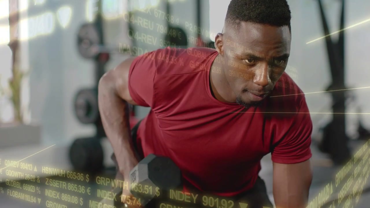 Man bracing bench and pulling hex dumbbell for fitness, financial ticker scrolling across torso