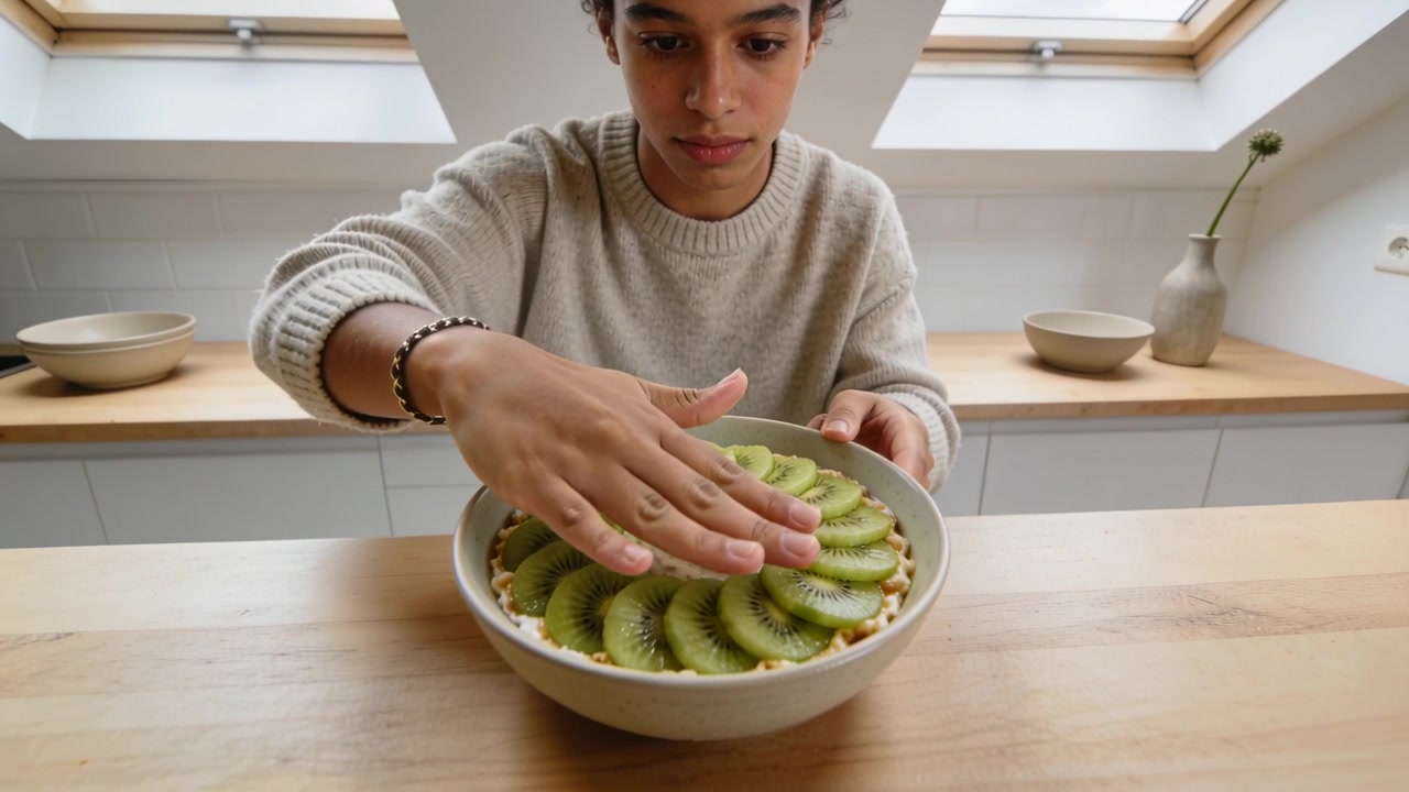 Cuoco che indossa un braccialetto di perline in maglia color crema posiziona un kiwi su una ciotola sul bancone di casa mentre prepara un ordine