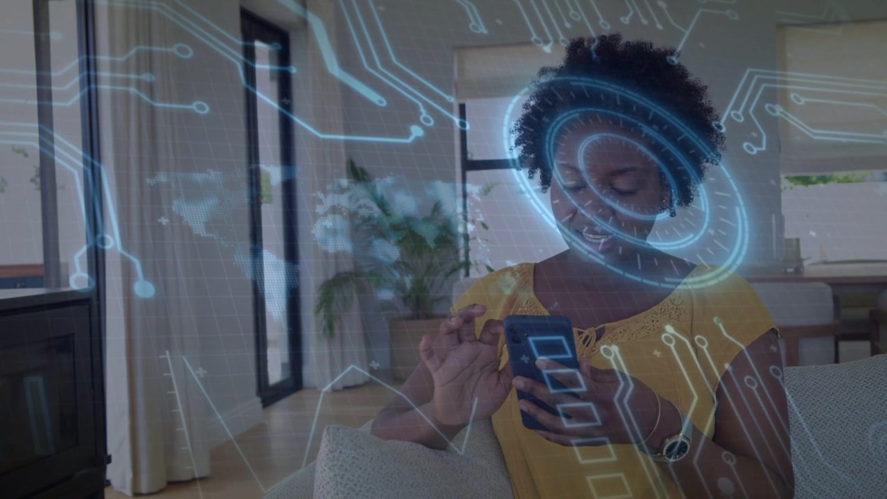 Woman sitting on sofa tapping phone, causing blue holo HUD sweeping while exploring tech