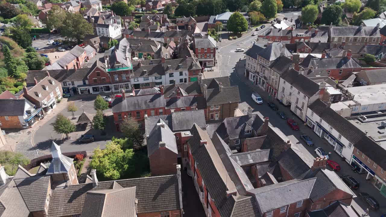 This elevated view shows a concentrated centre of Oakham. The historical, old architecture features mixed, diverse commercial, retail and residential buildings on the street