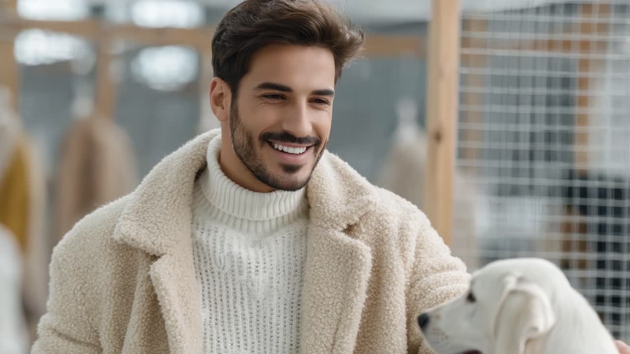 A Stylish Man in a Cozy Cream Coat Enjoys Tender Moments with His Adorable Dog in a Contemporary Indoor Environment, Highlighting Their Strong Bond and Affection