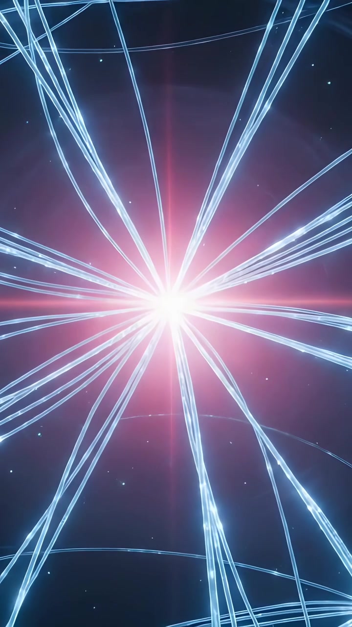 Video verticale: Nucleo rosa che appare e rilascia energia, inviando filamenti blu attraverso un campo stellare, con un alone.