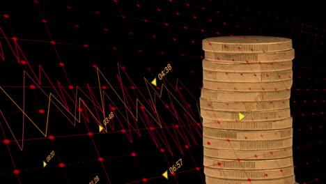 animación del procesamiento de datos financieros sobre monedas de oro