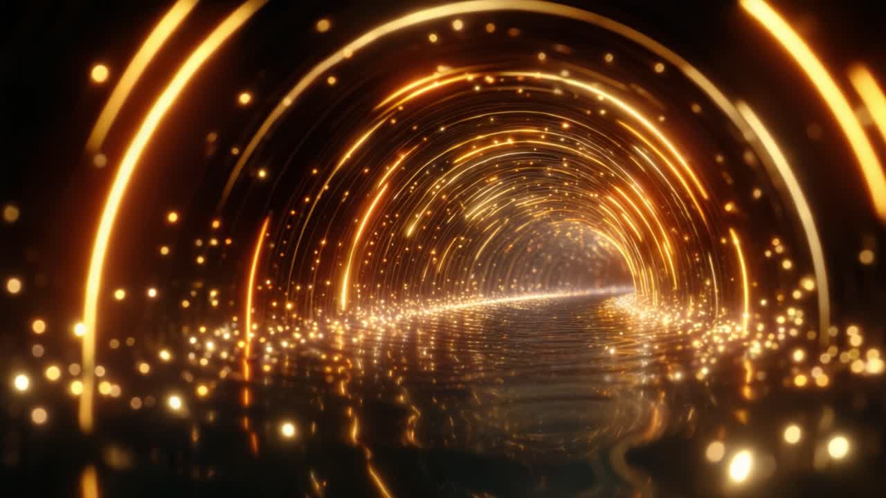 Un affascinante tunnel dorato pieno di luci scintillanti e riflessi crea un'esperienza visiva incantevole, catturando magnificamente l'essenza della luce e del movimento