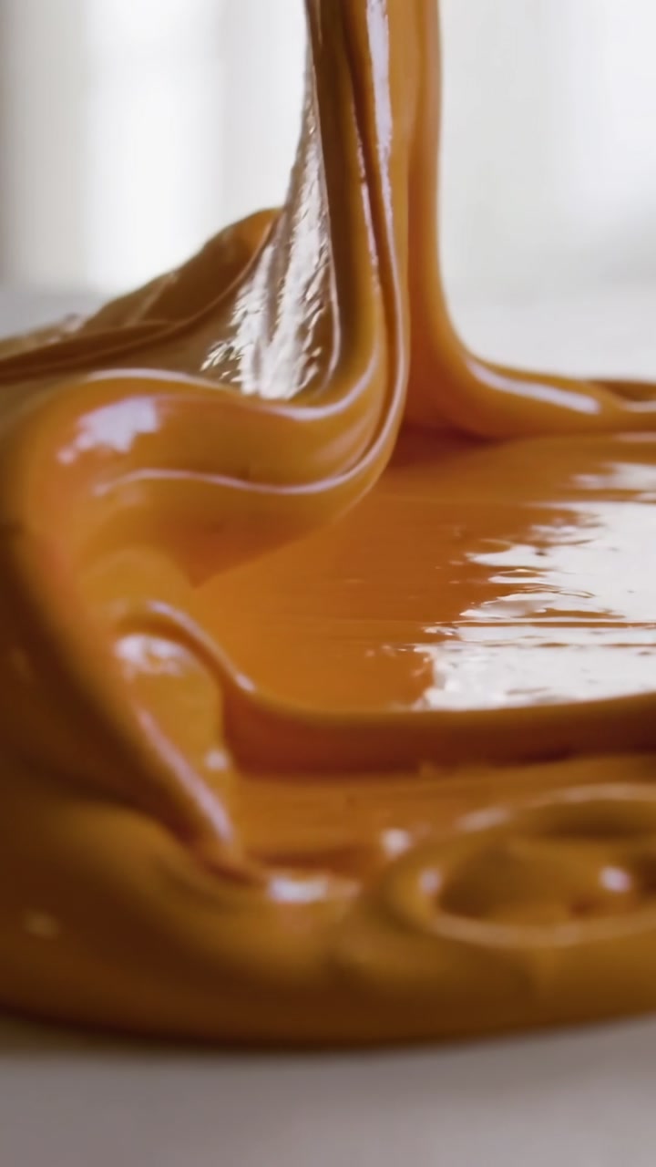 Vertical video: Tipping utensil pouring glossy caramel sauce folding and spreading on white counter