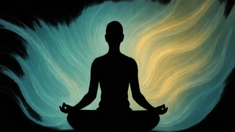 in a tranquil setting illuminated by the soft hues of sunrise, an individual sits in a cross-legged position, practicing meditation. the serene atmosphere is enhanced by vibrant energy flows depicted in hues of blue and yellow, artistically representing the connection between mind and spirit. this m