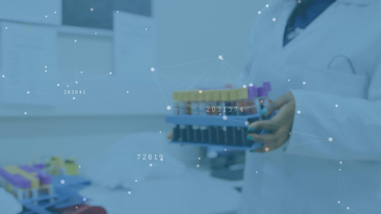 animación de puntos conectados, números cambiantes sobre la sección media del científico que lleva tubos de ensayo