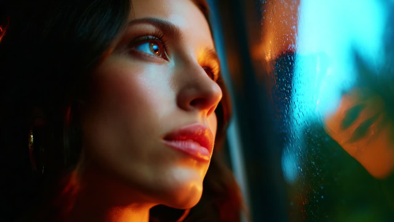 Una giovane donna contemplativa guarda pensierosa fuori da una finestra bagnata dalla pioggia, i riflessi delle sue emozioni interiori catturati dalla soffusa luce ambientale, creando un profondo senso di introspezione e desiderio
