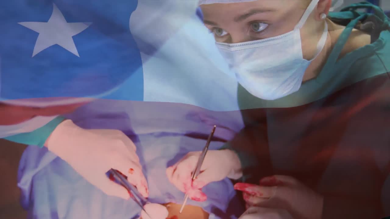 Animation of flag of chile waving over surgeons in operating theatre