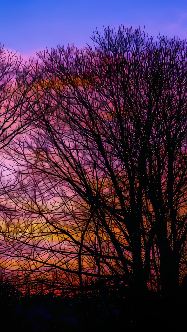 Vertical video: Shifting clouds changing sky colors over rural treeline at sunset, silhouetted tree