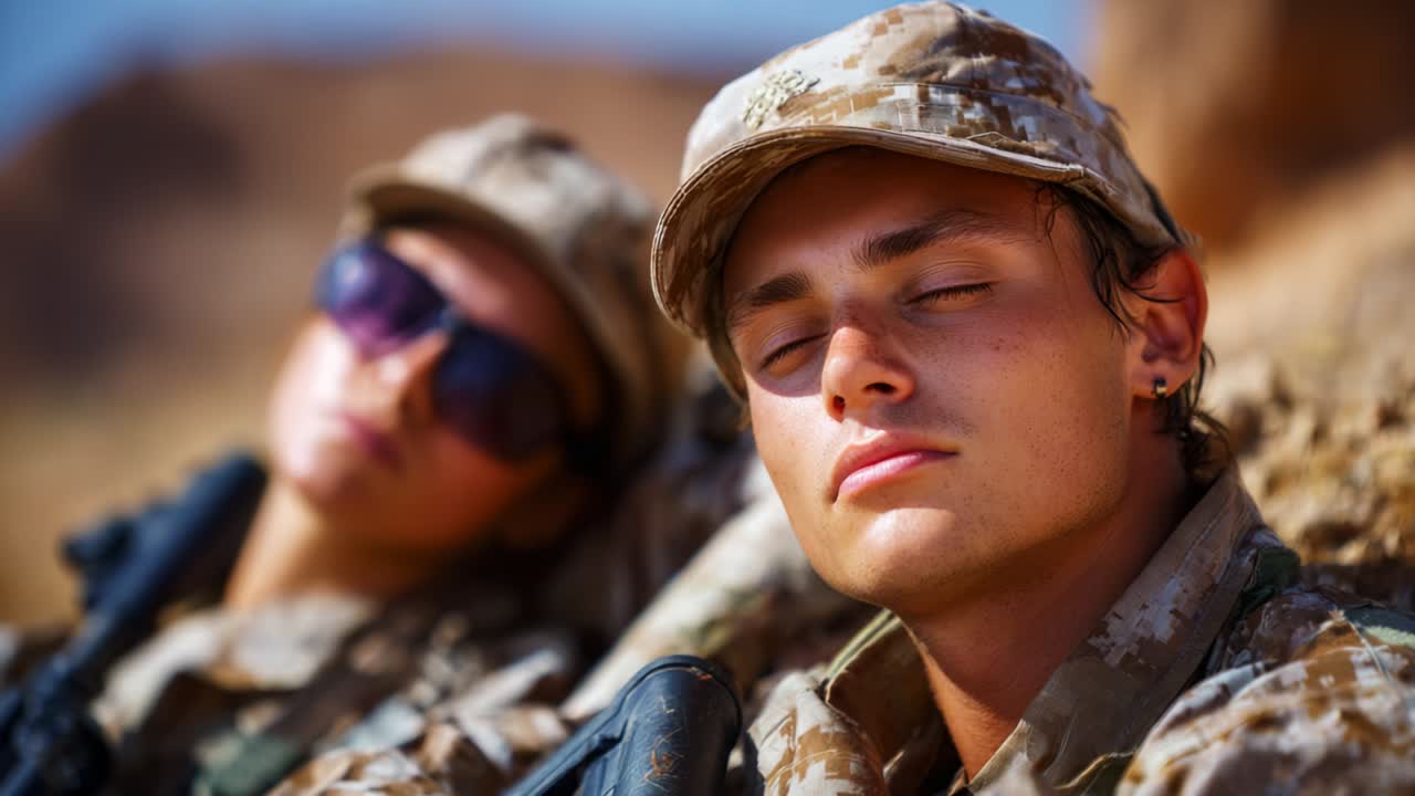 Two soldiers resting under the sun during a military operation, showcasing their exhausted but determined expressions, highlighting the challenges they face in the field and their dedication to service