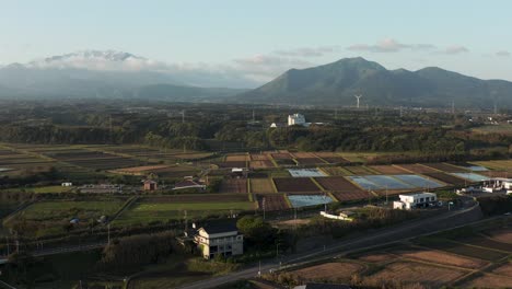 tottori prefecture rural landscape and mt daisen, aerial pan shot