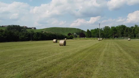 hay bales in agriculture field aerial view