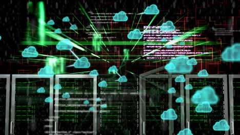 Animation-of-cloud-icons,-data-processing-and-connections-over-computer-servers