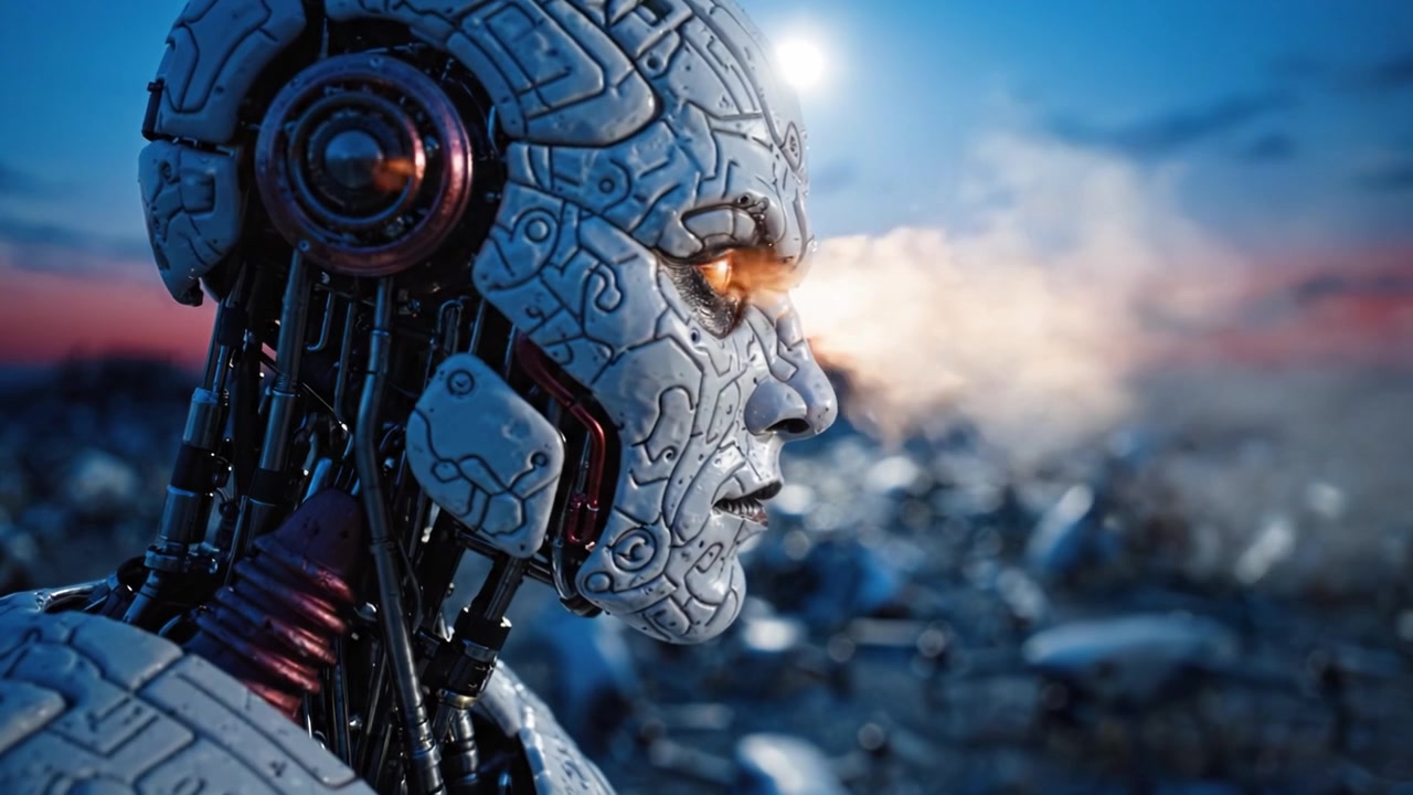 Uno sguardo ravvicinato a un robot futuristico in mezzo a un paesaggio distopico, caratterizzato da un design cibernetico dettagliato e un tramonto vibrante sullo sfondo.