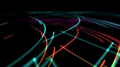 abstract line heart lighting moving pink yellow and blue color, technology network digital data transfer concept design, glowing on black background seamless looping animation 4k with copy space