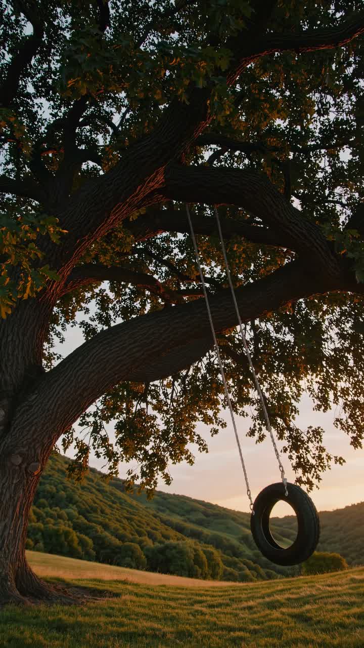 Una serena scena video di un'altalena fatta con uno pneumatico appesa a un grande albero, ripresa dal basso