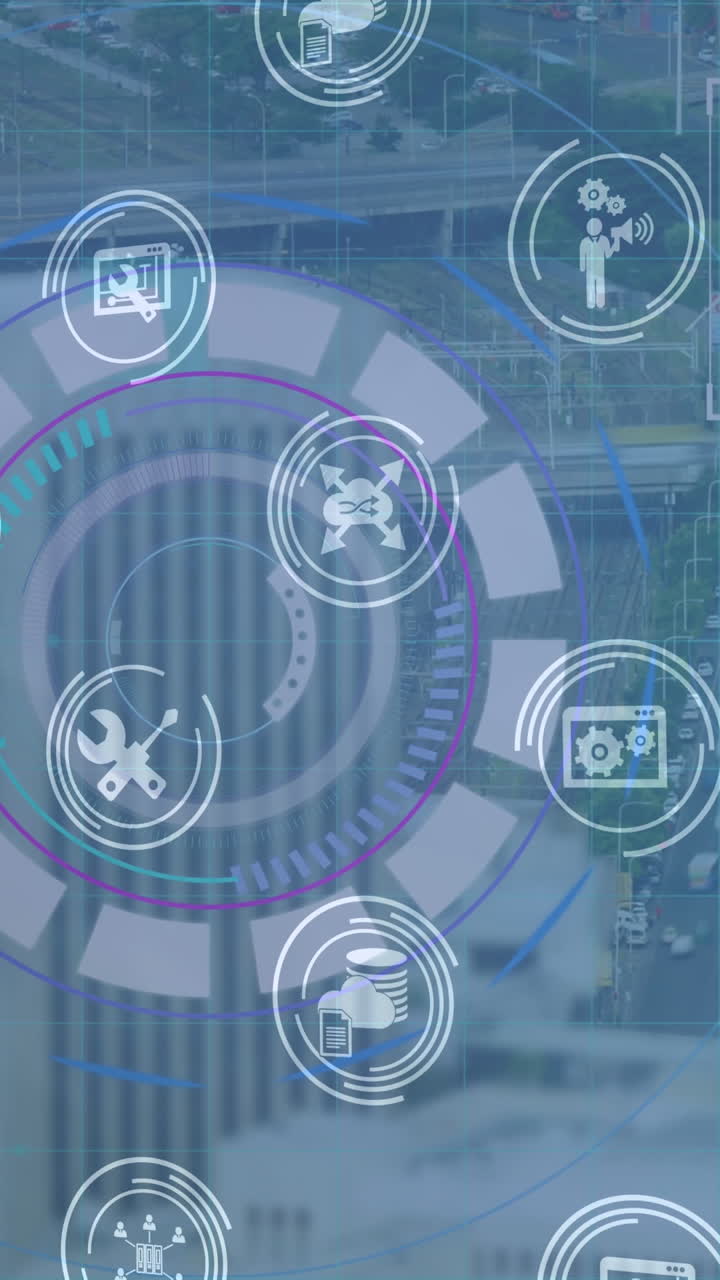animación de la red de conexiones, iconos y procesamiento de datos en el ámbito de aplicación