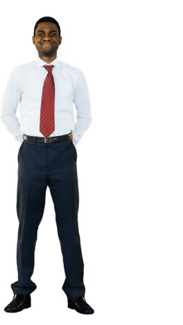 portrait of smiling businessman standing with hands behind back