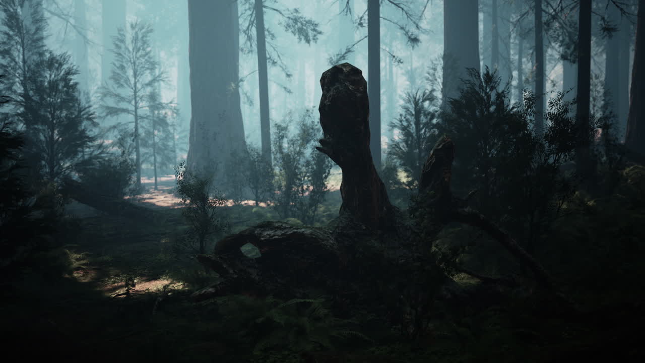 bosque de sequoias en la niebla