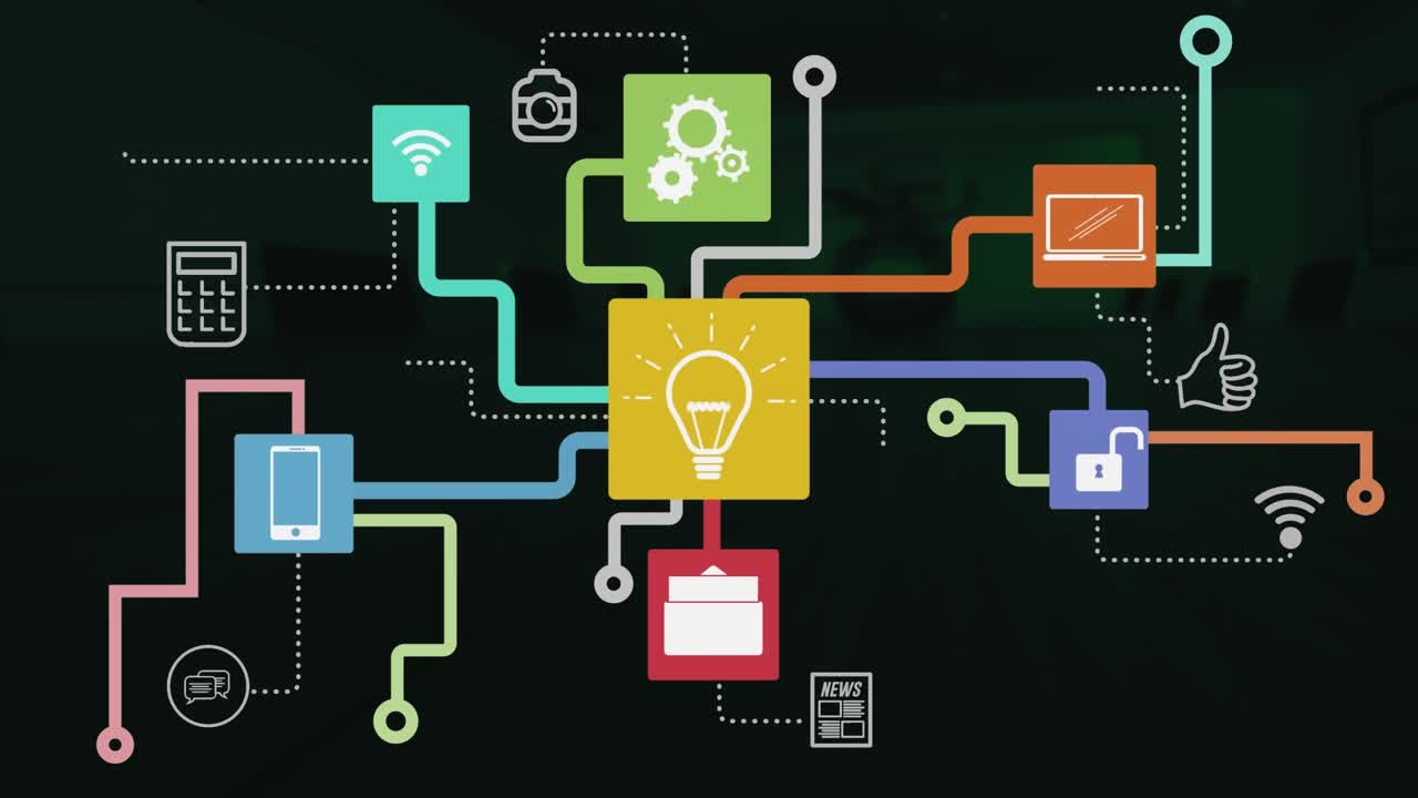 Animation of colourful network of media and communication icons on black background