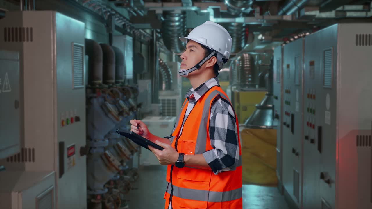 Side View Of Asian Male Engineer With Safety Helmet Taking Note On The Tablet And Looking Around While Standing In Engine Control Room, Work Of Electrical Generators