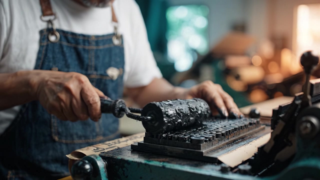 Artisan Carefully Applying Ink to Printing Press Rollers, Showcasing the Craft of Traditional Printing Techniques and the Intricate Process of Offset Printing