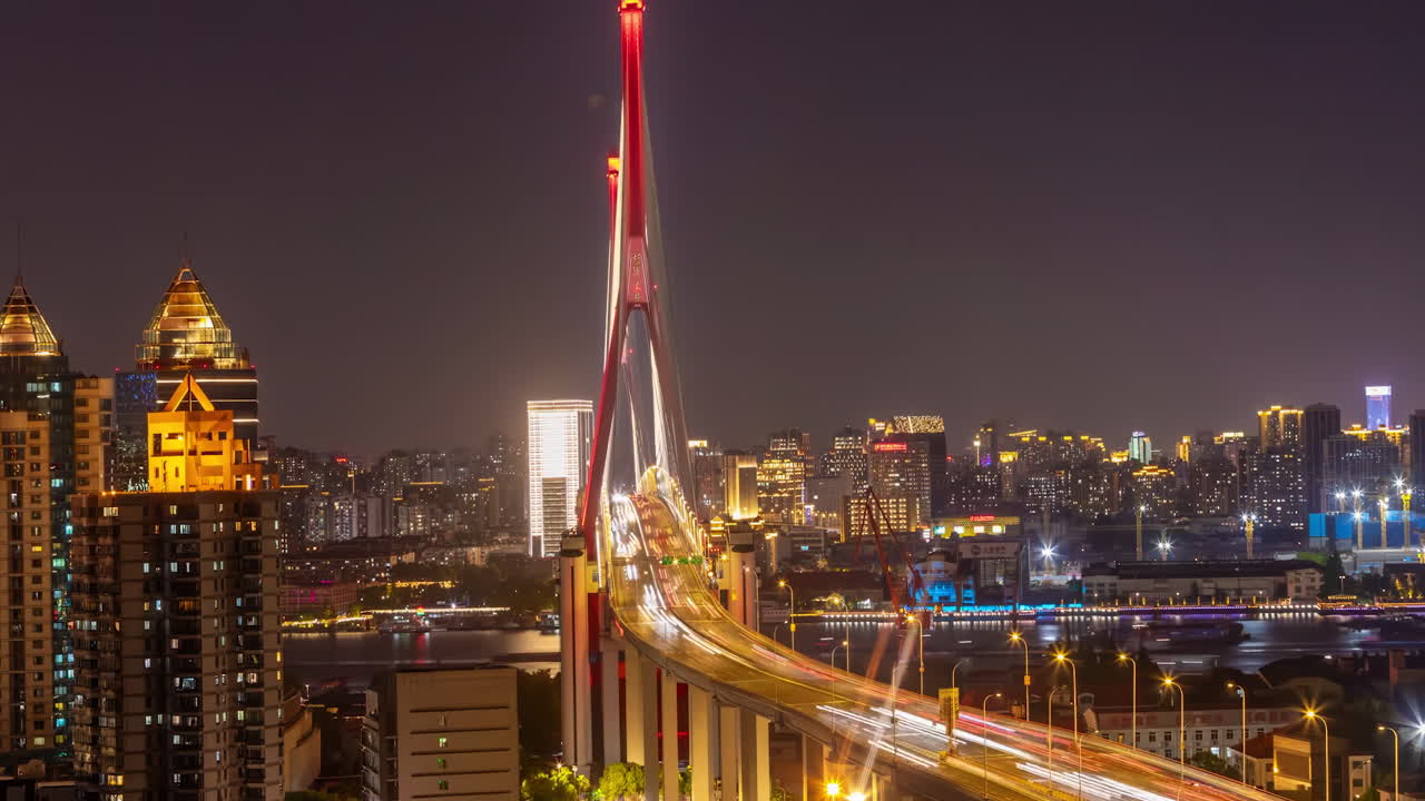 Shanghai Night Bridge Traffic Lights Cityscape