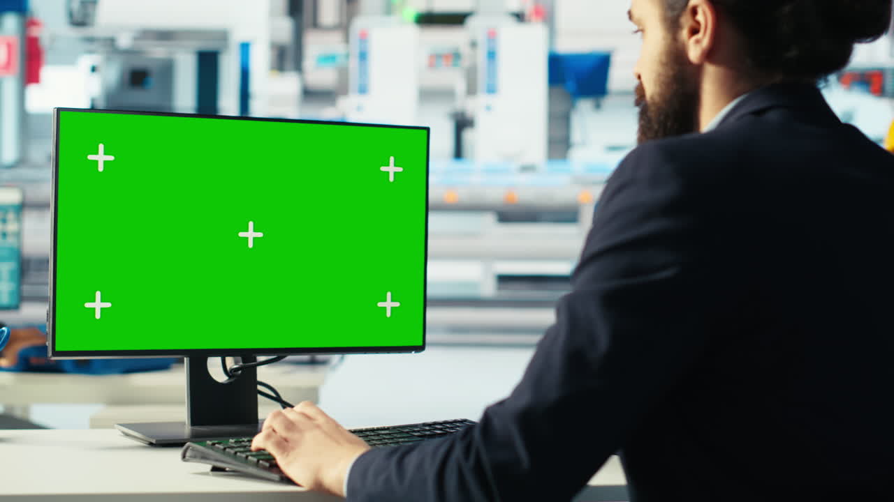 광전자 공장 노동자가 그린 스크린 pc에서 시스템 성능을 모니터링합니다.