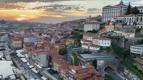 Overview-Of-Porto-Beautiful-Cityscape-On-River-Coast-At-Sunset-Time,-Portugal