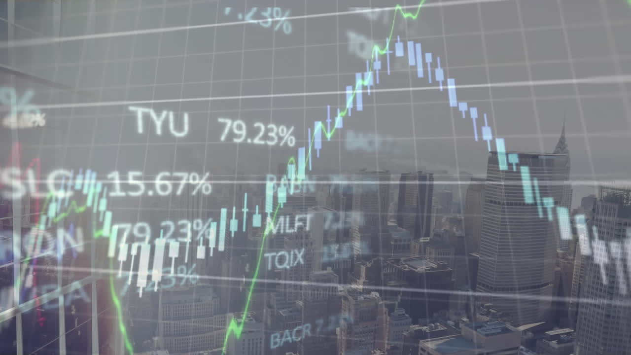 animación del procesamiento de datos con gráfico sobre el paisaje urbano