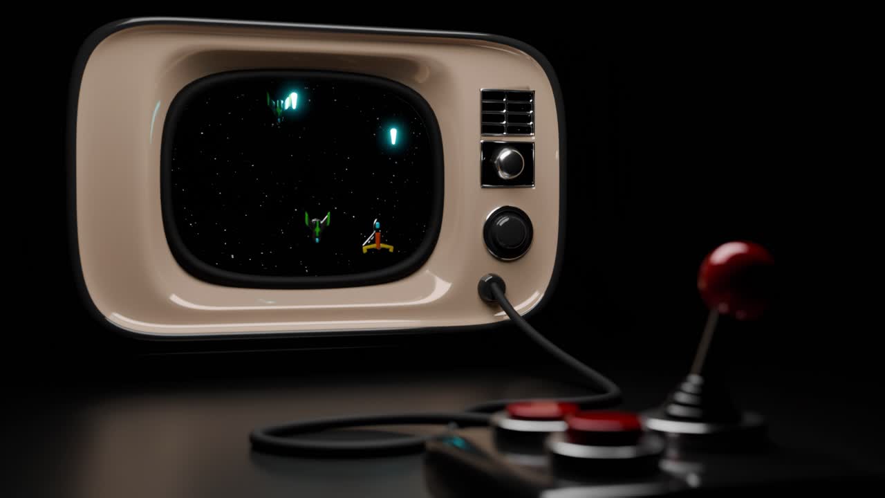 조이스틱을 가진 빈티지 tv에서 레트로 비디오 게임