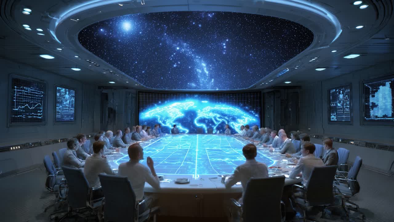 A high-tech meeting room featuring a holographic projection of a starry galaxy, with multiple participants engaged in a strategic discussion showcasing advanced technology and futuristic design