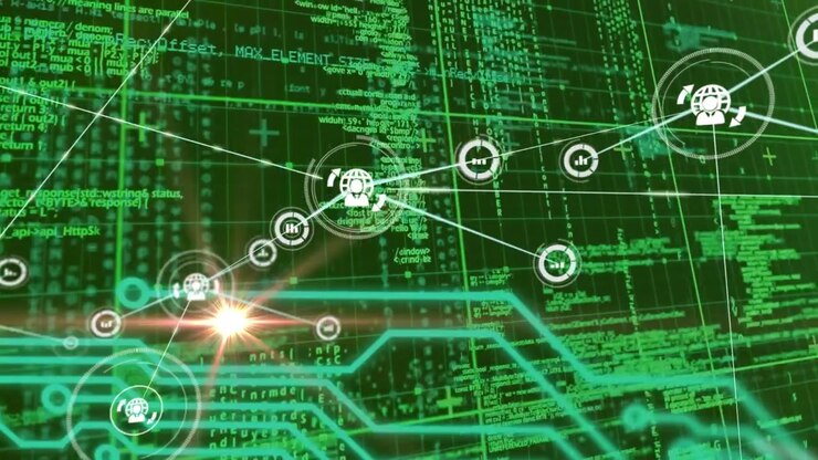 Digital Network Connection Icons Over Green Programming Code Background