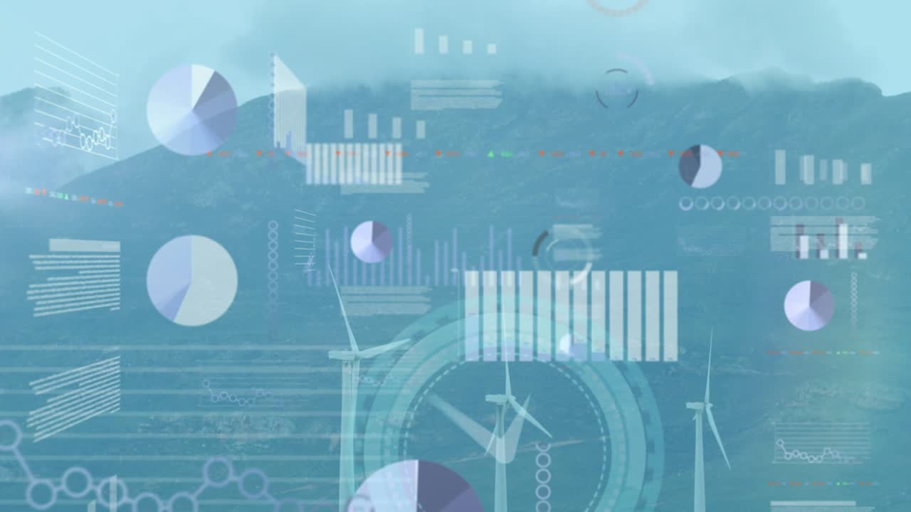 Animation of infographic interface with clock and windmills spinning against mountain