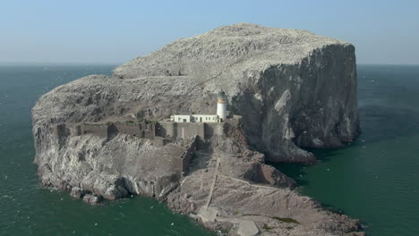 An-aerial-view-circling-Bass-Rock-and-lighthouse-as-gannet-seabirds-circle-their-island-colony-on-a-sunny-day,-East-Lothian,-Scotland