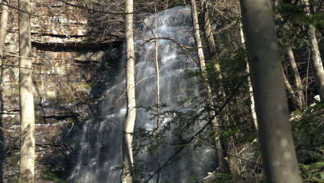 Slowly-looking-up-large-waterfall-in-forest-with-branches-in-foreground,-4K