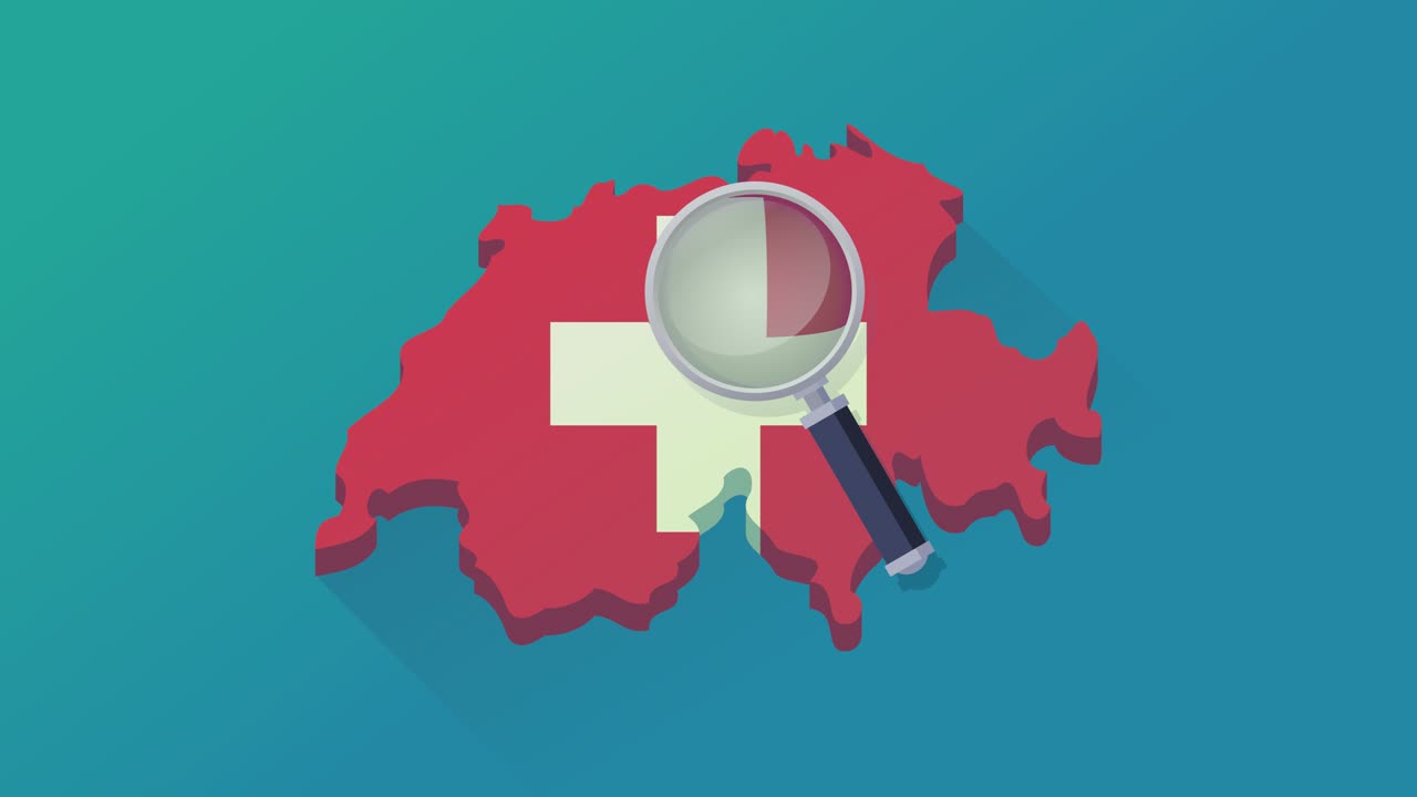 스위스 지도에서 확대 유리로 루프 검색 파란색 배경에 발과 그림자 (평평한 디자인)