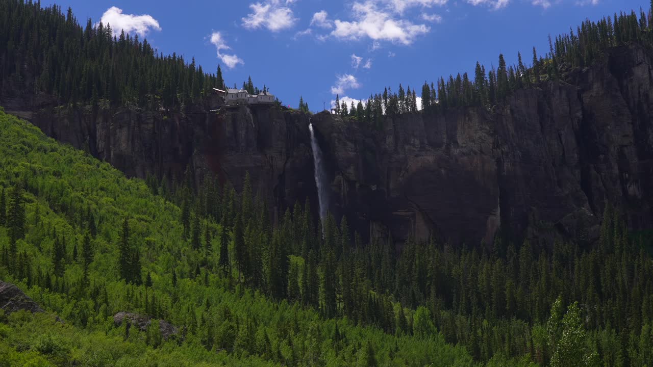 Telluride Bridal Veil Falls Waterfall view mountain town Colorado sunny landscape Box Canyon cliffside 4wd hiking Black Bear Pass Board blue sky USA pond swim powerhouse summertime static shot