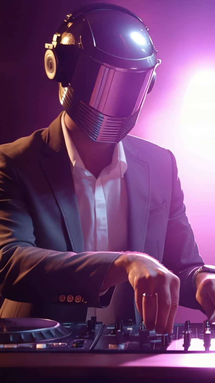 DJ in elegante tuta e casco controlla la musica. Luci viola pulsano dietro di lui mentre si esibisce. Le sue dita si muovono velocemente sulla console di mixaggio. È concentrato, immerso nel ritmo.