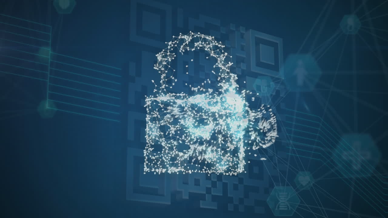 Animation of digital cloud and padlock over qr code on blue background
