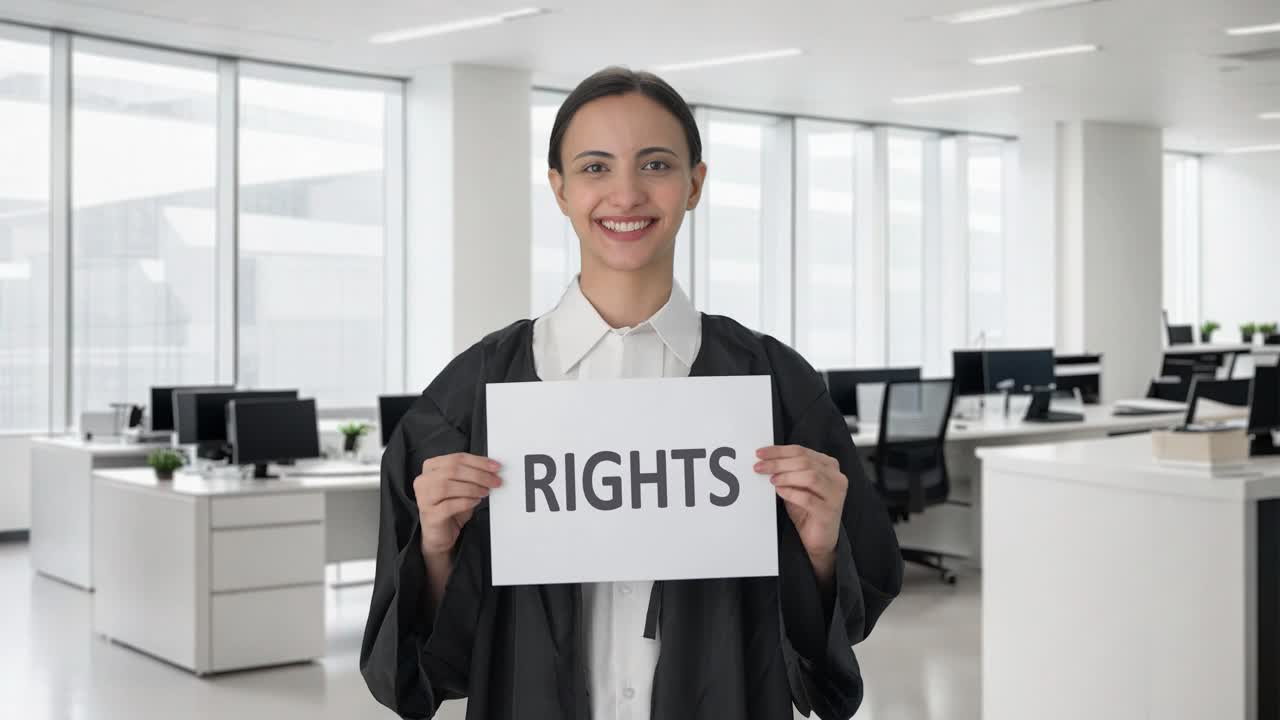 Happy Indian female lawyer holding RIGHTS banner